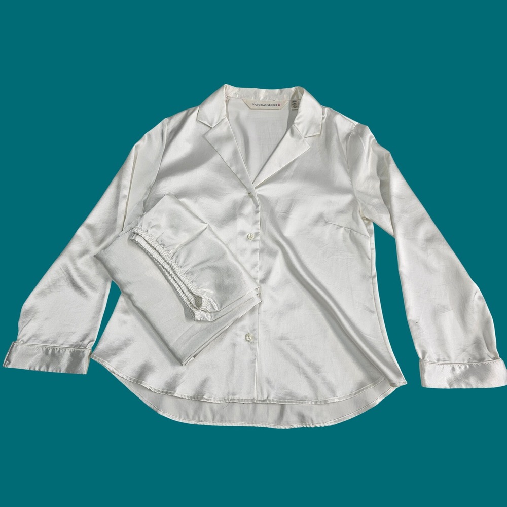 Victoria's Secret Cream Satin Pajama Set Long Sleeve Button Down Small White